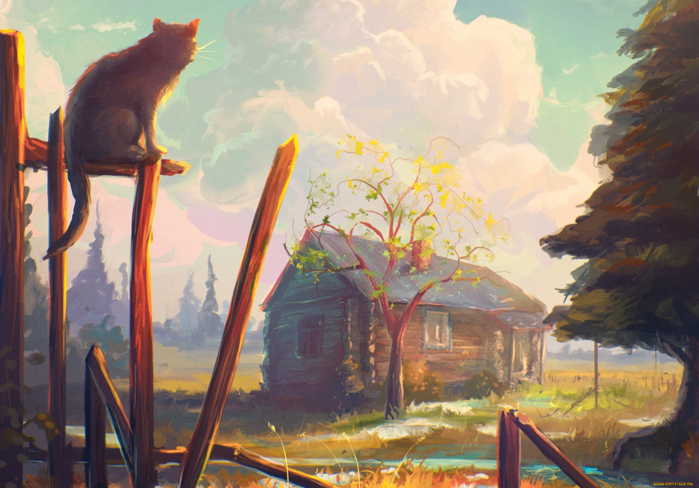 Деревенский пейзаж с котом